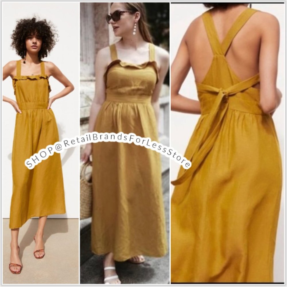 ZARA LINEN BLEND MUSTARD GOLDEN CROSS BACK RUSTIC BOHO MIDI MAXI DRESS $69.90